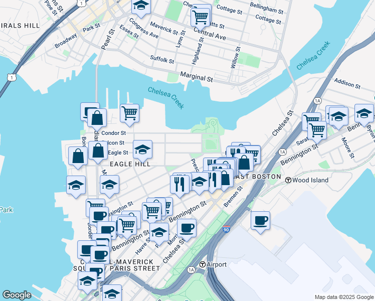 map of restaurants, bars, coffee shops, grocery stores, and more near 217 Trenton Street in Boston