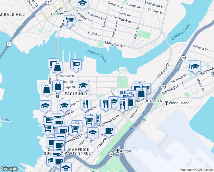 map of restaurants, bars, coffee shops, grocery stores, and more near 221 East Eagle Street in Boston
