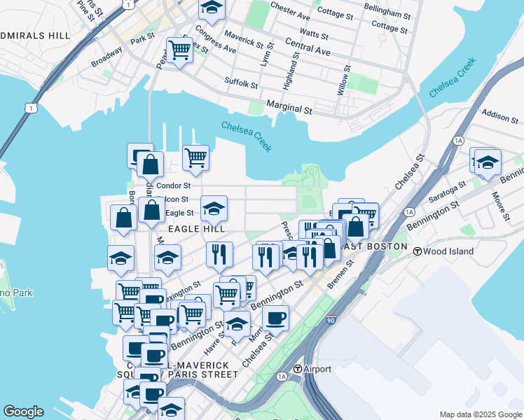 map of restaurants, bars, coffee shops, grocery stores, and more near 217 East Eagle Street in Boston