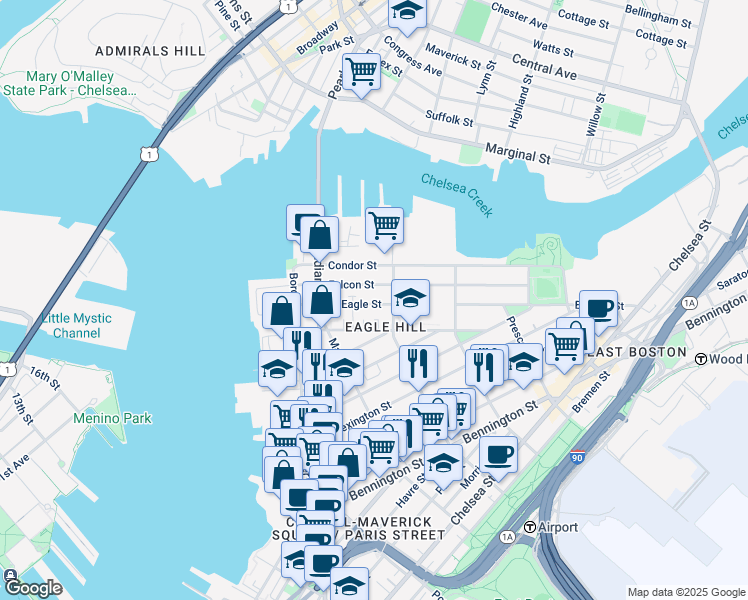 map of restaurants, bars, coffee shops, grocery stores, and more near in Boston