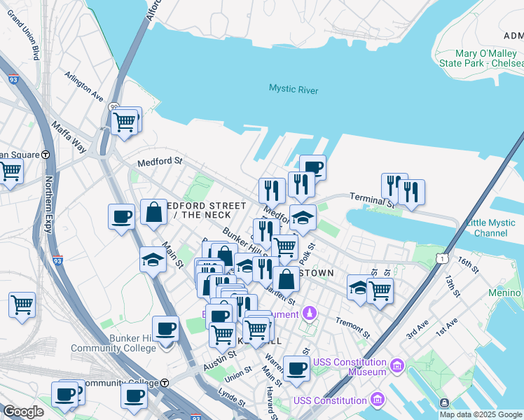 map of restaurants, bars, coffee shops, grocery stores, and more near 16 Hill Street in Boston