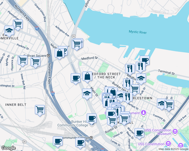 map of restaurants, bars, coffee shops, grocery stores, and more near in Boston