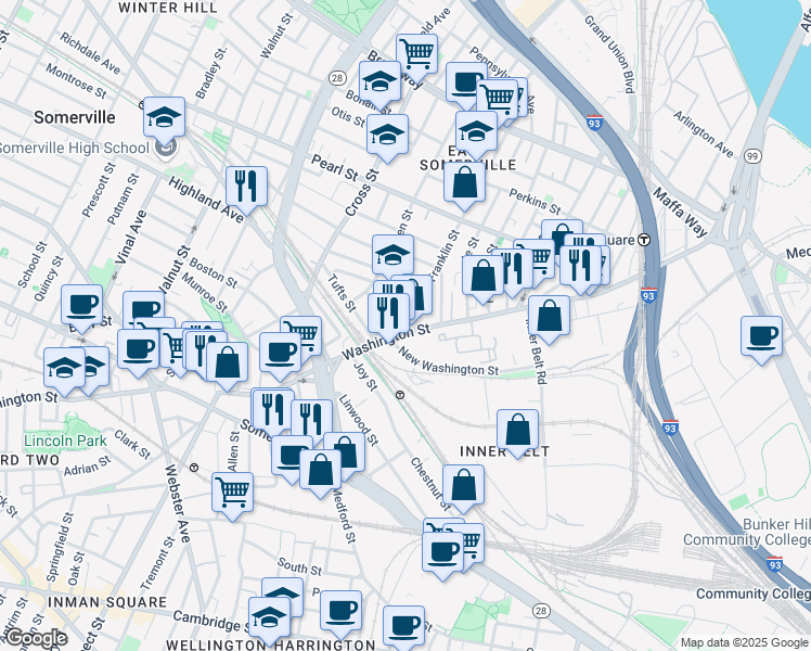 map of restaurants, bars, coffee shops, grocery stores, and more near in Somerville