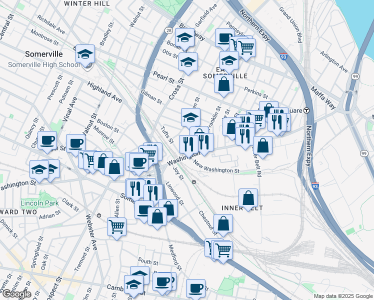 map of restaurants, bars, coffee shops, grocery stores, and more near in Somerville