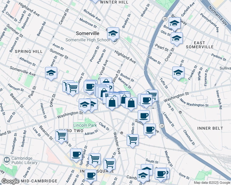 map of restaurants, bars, coffee shops, grocery stores, and more near 13 Warren Avenue in Somerville