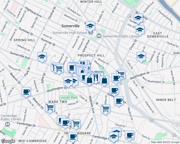 map of restaurants, bars, coffee shops, grocery stores, and more near 13 Warren Avenue in Somerville