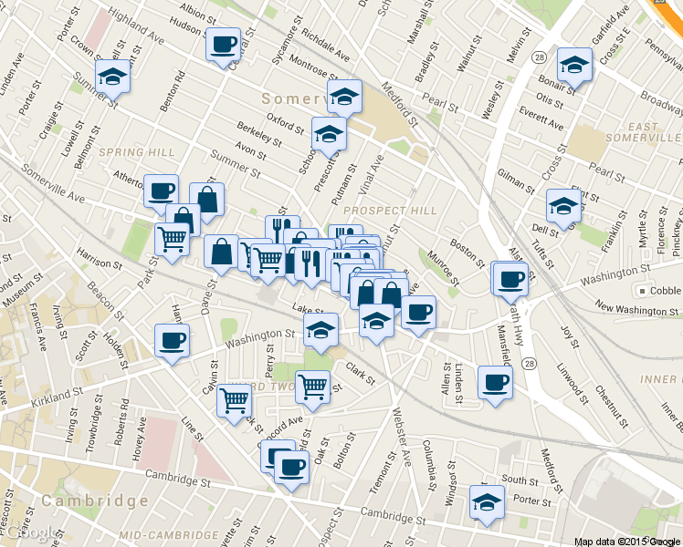 map of restaurants, bars, coffee shops, grocery stores, and more near 1 Bow Market Way in Somerville