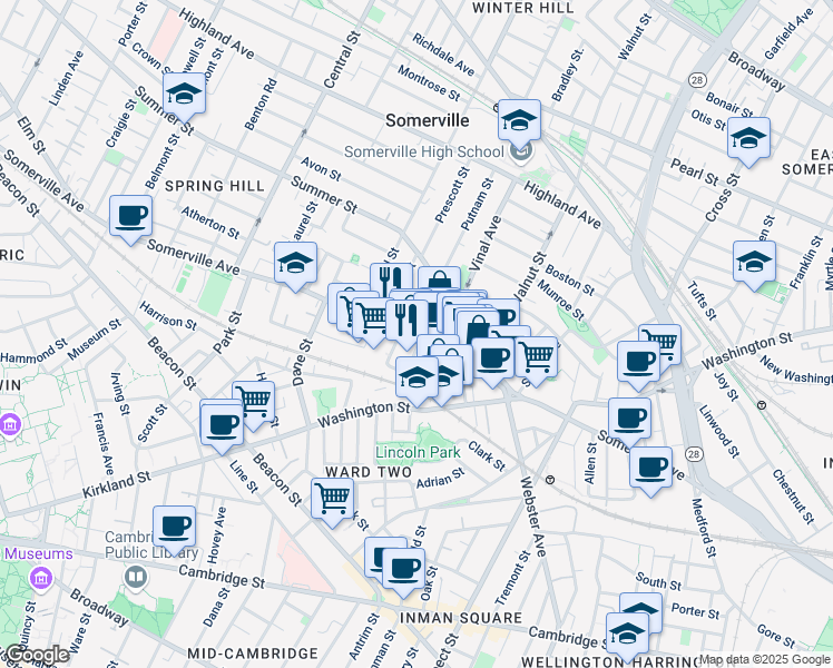 map of restaurants, bars, coffee shops, grocery stores, and more near in Somerville