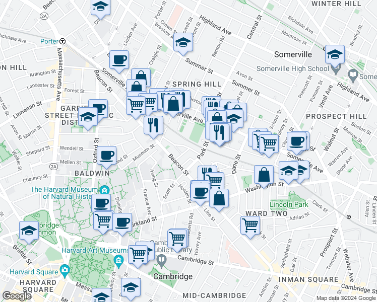 map of restaurants, bars, coffee shops, grocery stores, and more near 44 Ivaloo Street in Somerville