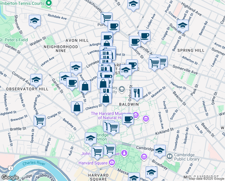 map of restaurants, bars, coffee shops, grocery stores, and more near 1637 Massachusetts Avenue in Cambridge