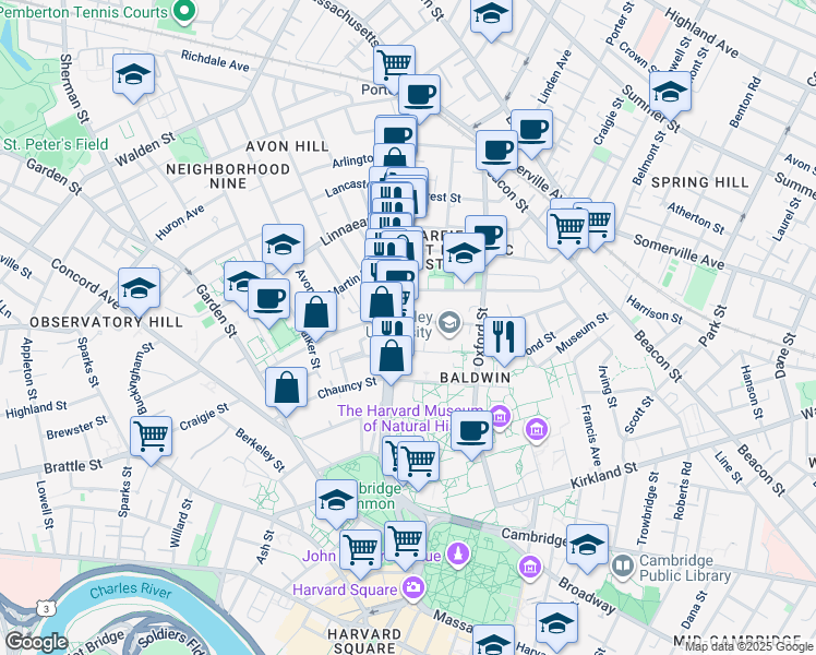 map of restaurants, bars, coffee shops, grocery stores, and more near 1637 Massachusetts Avenue in Cambridge