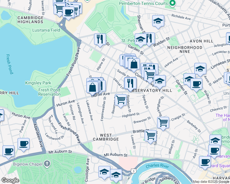 map of restaurants, bars, coffee shops, grocery stores, and more near 57 Reservoir Street in Cambridge