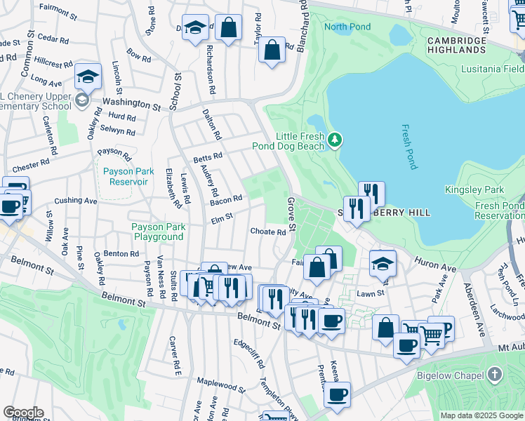 map of restaurants, bars, coffee shops, grocery stores, and more near 29-31 Foster Road in Belmont