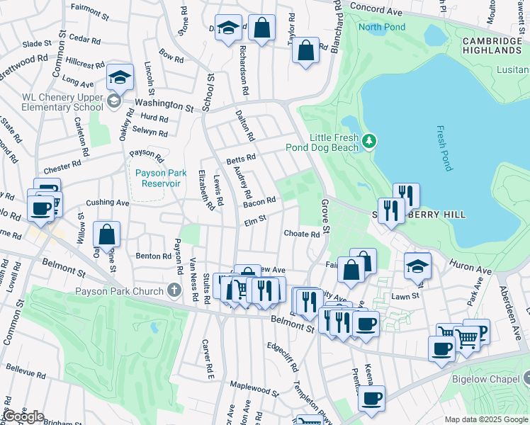 map of restaurants, bars, coffee shops, grocery stores, and more near 34 Skahan Road in Belmont