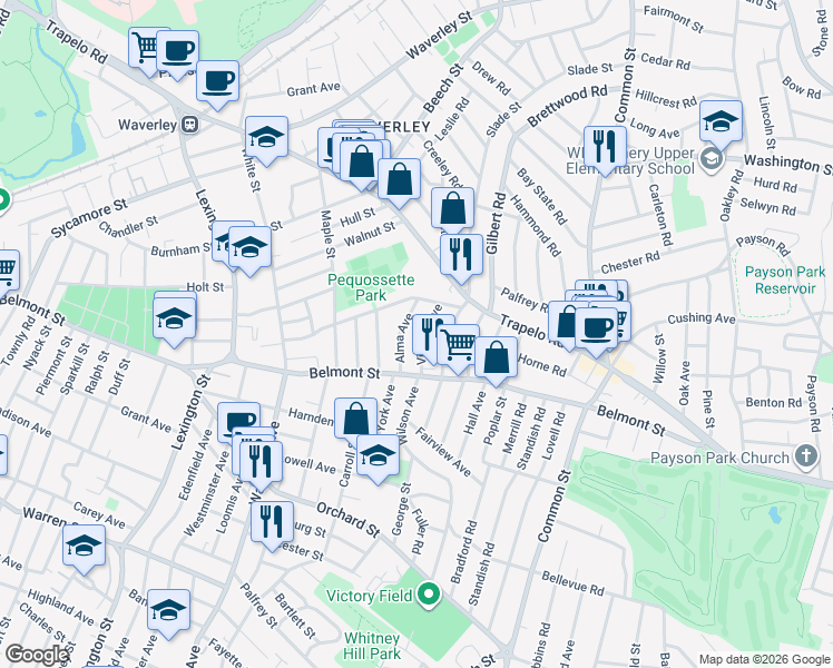 map of restaurants, bars, coffee shops, grocery stores, and more near 48 Alma Avenue in Belmont