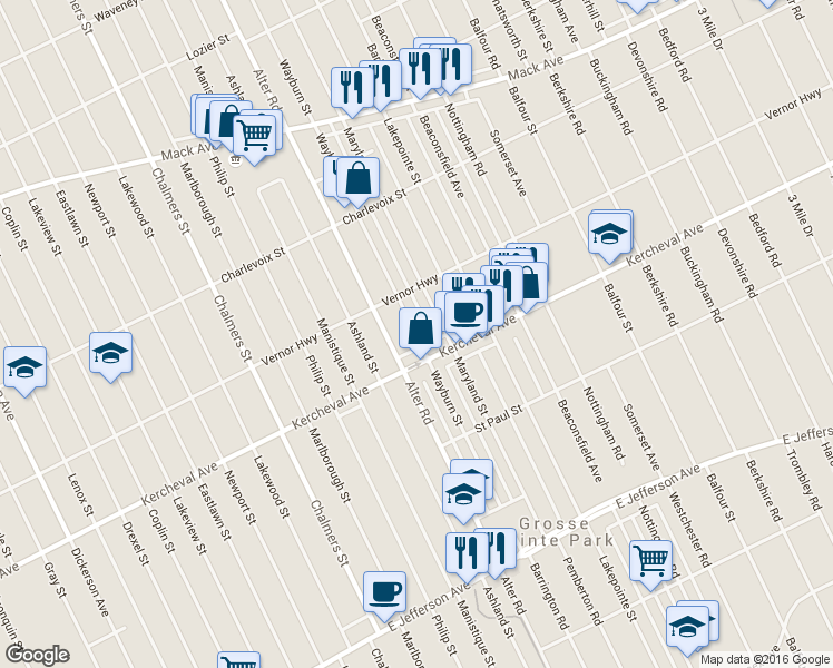 map of restaurants, bars, coffee shops, grocery stores, and more near 14945 Kercheval Avenue in Detroit