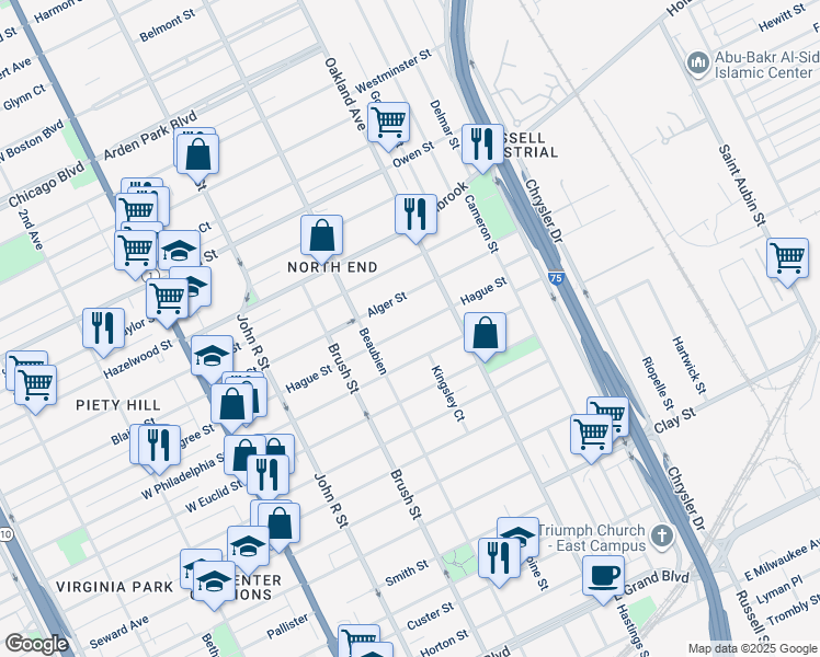 map of restaurants, bars, coffee shops, grocery stores, and more near 579 East Philadelphia Street in Detroit