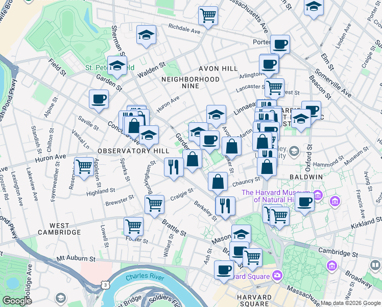 map of restaurants, bars, coffee shops, grocery stores, and more near Garden Street in Cambridge