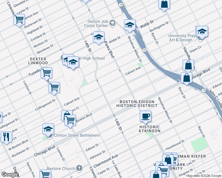 map of restaurants, bars, coffee shops, grocery stores, and more near 2051 Glynn Court in Detroit