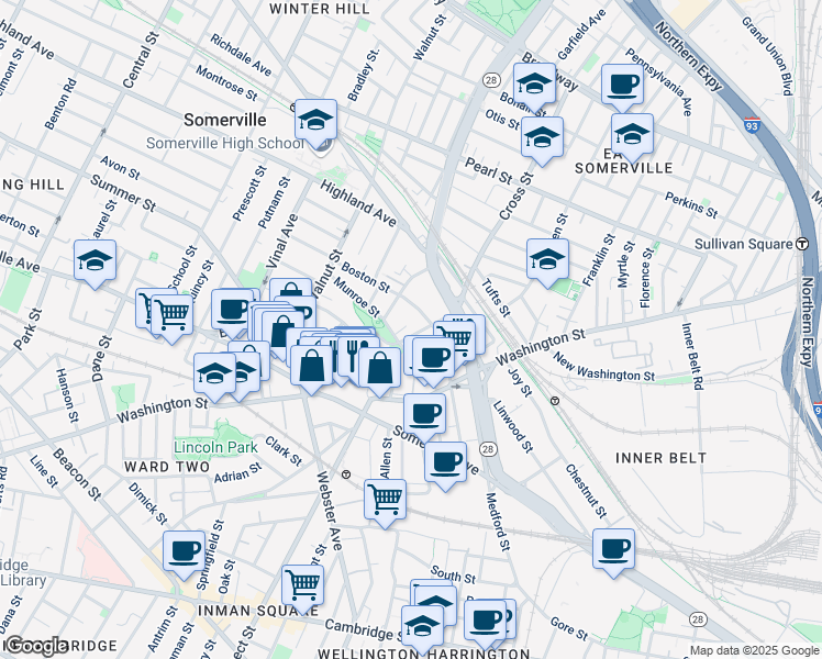 map of restaurants, bars, coffee shops, grocery stores, and more near 19 Prospect Hill Avenue in Somerville