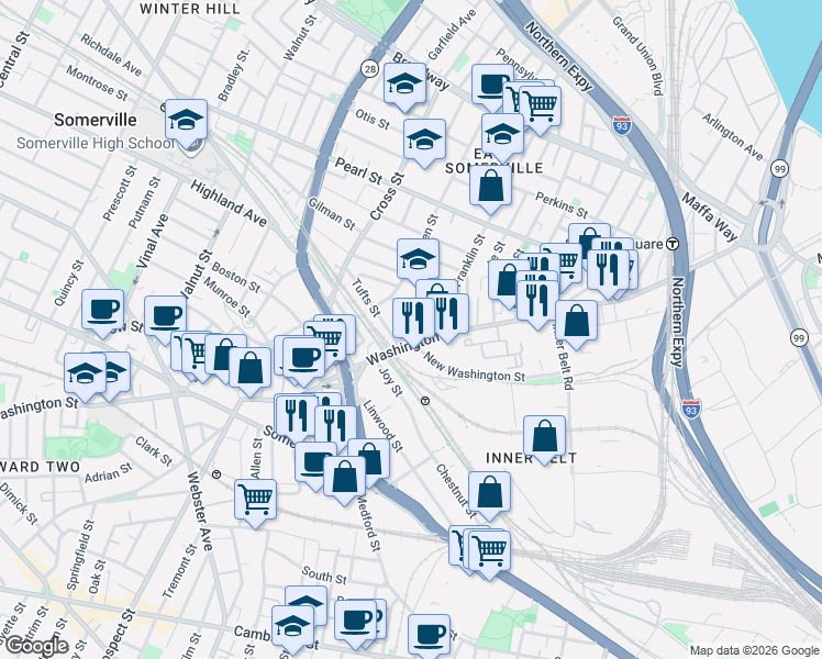 map of restaurants, bars, coffee shops, grocery stores, and more near in Somerville