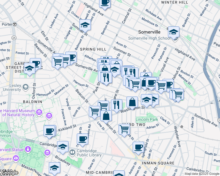 map of restaurants, bars, coffee shops, grocery stores, and more near 35 Dane Street in Somerville