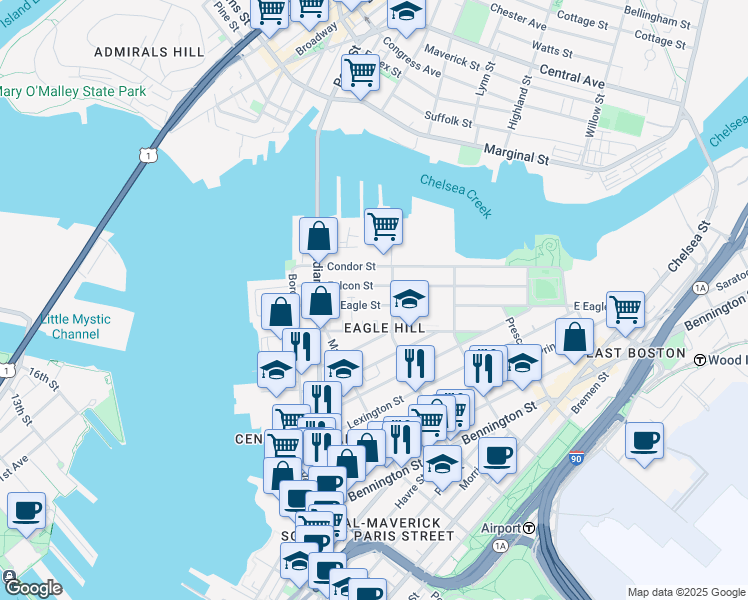 map of restaurants, bars, coffee shops, grocery stores, and more near in Boston