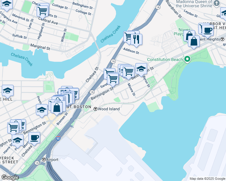 map of restaurants, bars, coffee shops, grocery stores, and more near Harmony Street in Boston