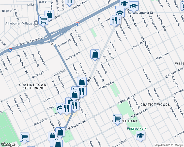 map of restaurants, bars, coffee shops, grocery stores, and more near Gratiot Ave & Seminole St in Detroit