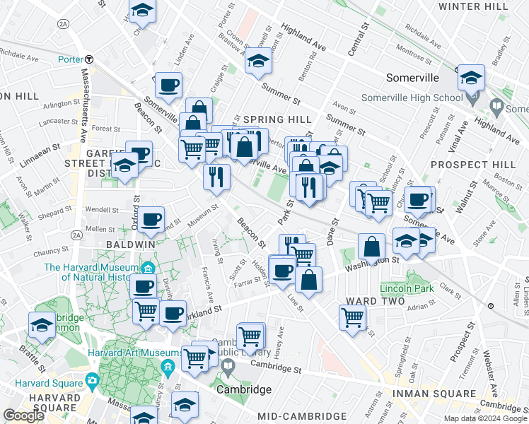 map of restaurants, bars, coffee shops, grocery stores, and more near Ivaloo Street in Somerville