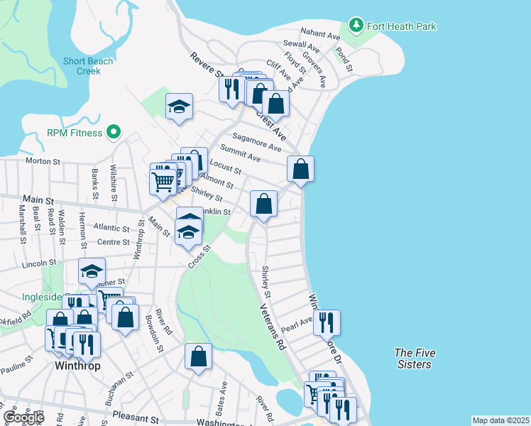 map of restaurants, bars, coffee shops, grocery stores, and more near 55 Veterans Road in Winthrop