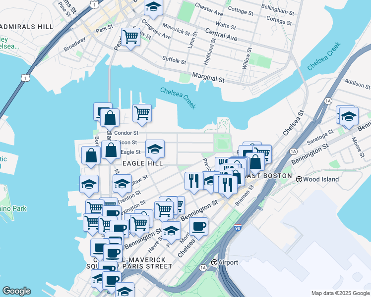 map of restaurants, bars, coffee shops, grocery stores, and more near 217 East Eagle Street in Boston