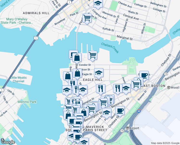 map of restaurants, bars, coffee shops, grocery stores, and more near in Boston