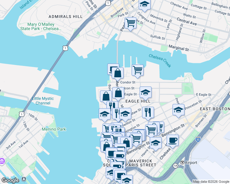 map of restaurants, bars, coffee shops, grocery stores, and more near 401 Border Street in Boston