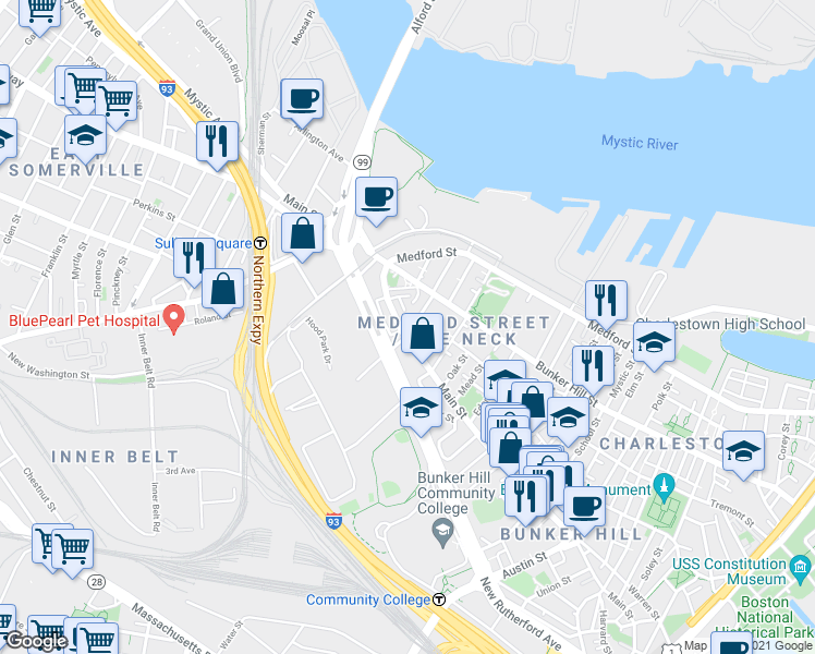 map of restaurants, bars, coffee shops, grocery stores, and more near 32 Baldwin Street in Boston