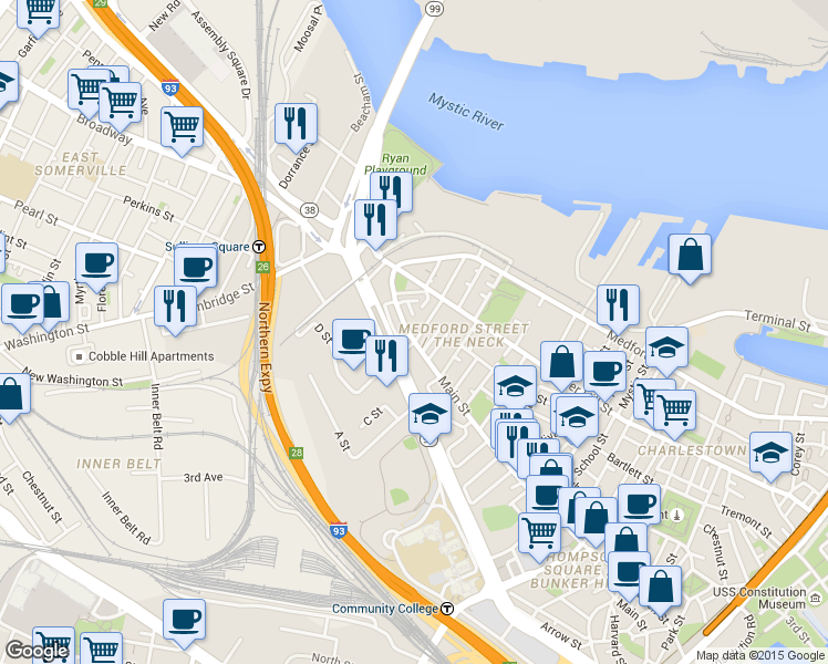 map of restaurants, bars, coffee shops, grocery stores, and more near 32 Baldwin Street in Boston