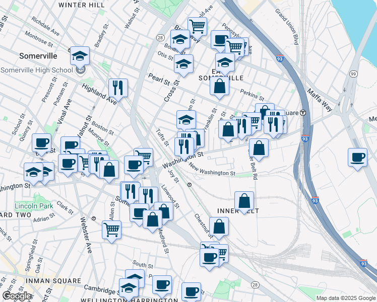 map of restaurants, bars, coffee shops, grocery stores, and more near in Somerville