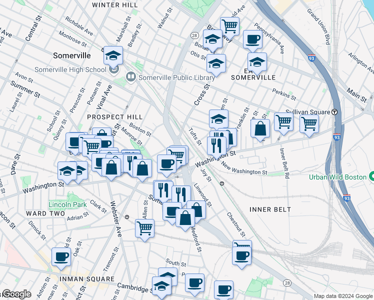 map of restaurants, bars, coffee shops, grocery stores, and more near 57 Alston Street in Somerville