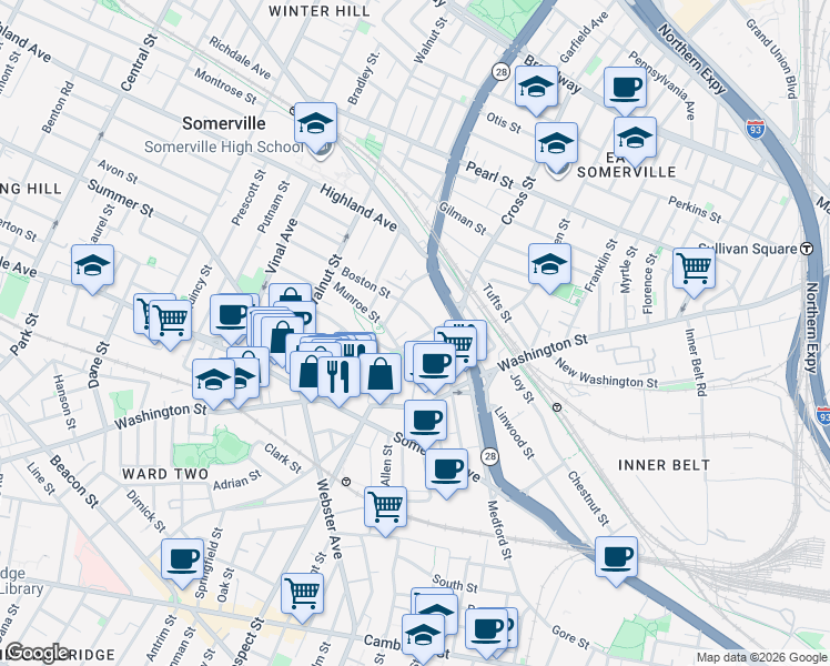 map of restaurants, bars, coffee shops, grocery stores, and more near 24 Prospect Hill Avenue in Somerville