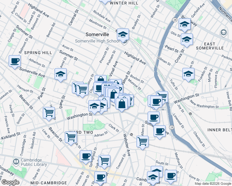 map of restaurants, bars, coffee shops, grocery stores, and more near 26 Bow Street in Somerville