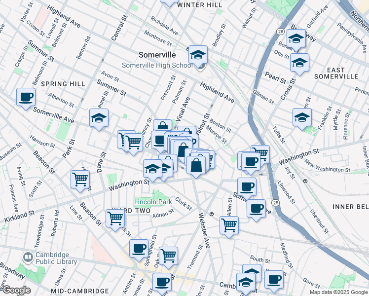 map of restaurants, bars, coffee shops, grocery stores, and more near 26 Bow Street in Somerville