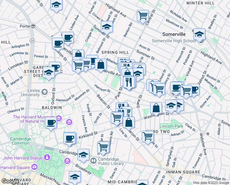 map of restaurants, bars, coffee shops, grocery stores, and more near 54 Park Street in Somerville