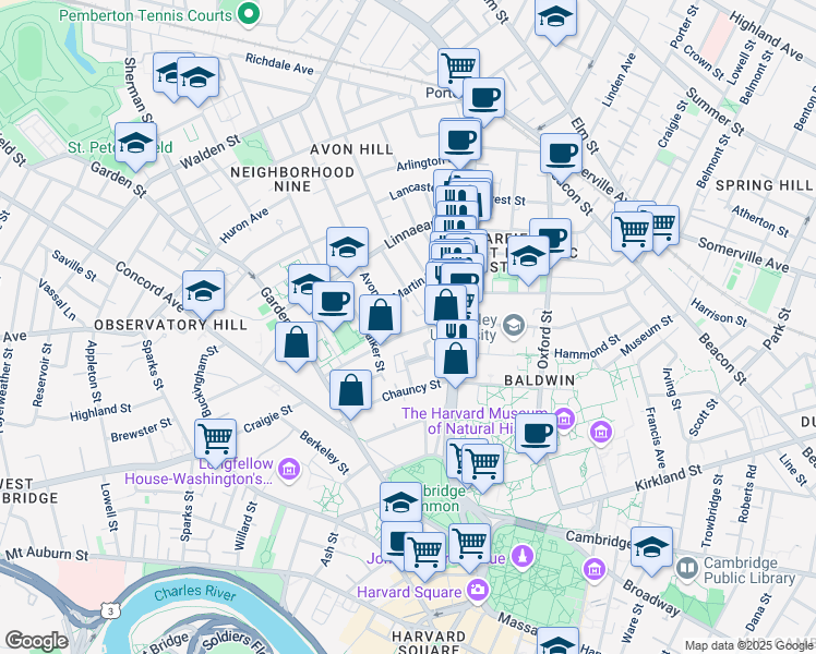map of restaurants, bars, coffee shops, grocery stores, and more near 19 Rutland Street in Cambridge