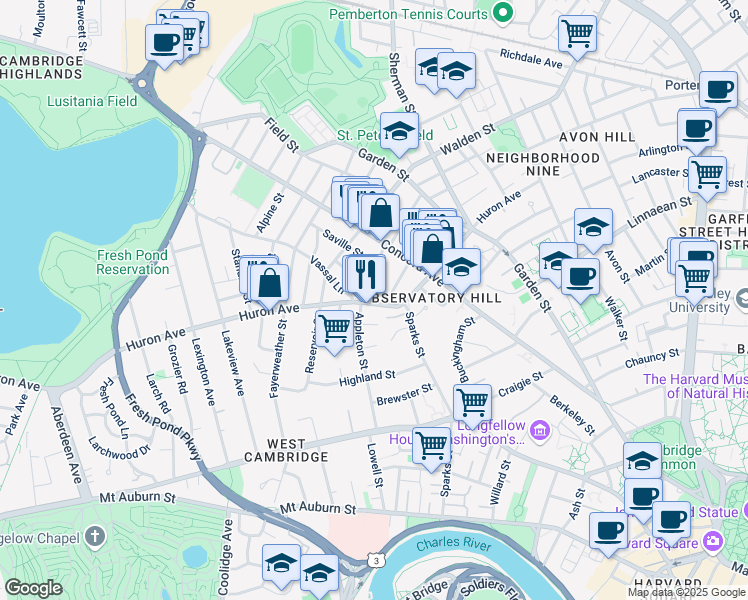 map of restaurants, bars, coffee shops, grocery stores, and more near 10 Wyman Road in Cambridge