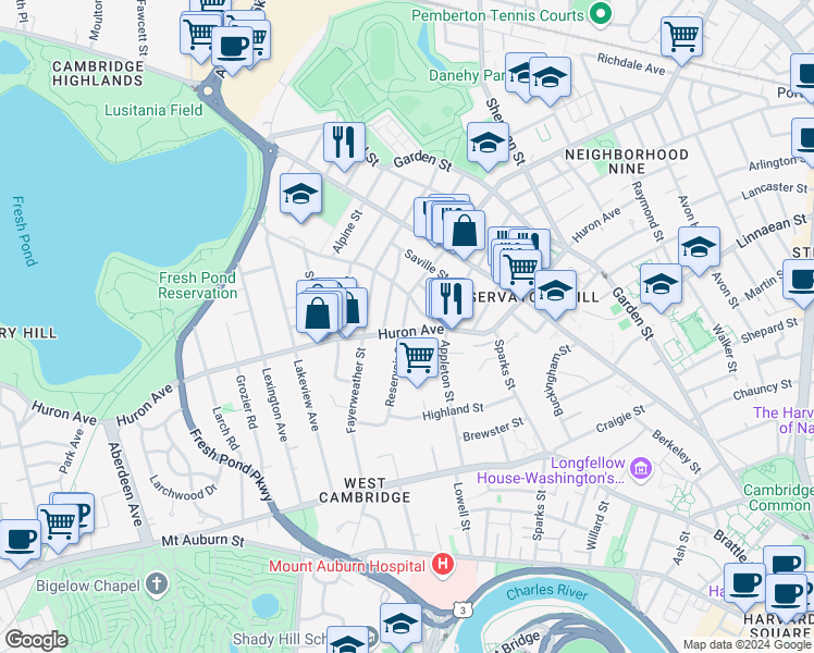 map of restaurants, bars, coffee shops, grocery stores, and more near 57 Reservoir Street in Cambridge