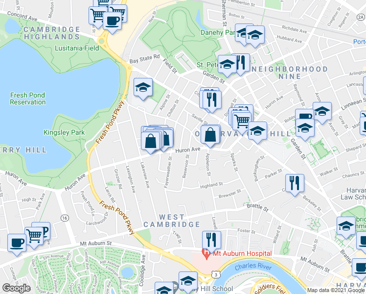 map of restaurants, bars, coffee shops, grocery stores, and more near 57 Reservoir Street in Cambridge