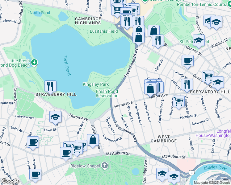 map of restaurants, bars, coffee shops, grocery stores, and more near 183 Larch Road in Cambridge