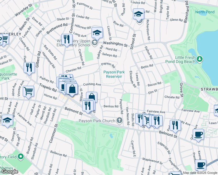 map of restaurants, bars, coffee shops, grocery stores, and more near 15 Preble Gardens Road in Belmont