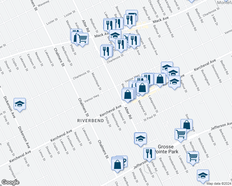 map of restaurants, bars, coffee shops, grocery stores, and more near 2151 Alter Road in Detroit