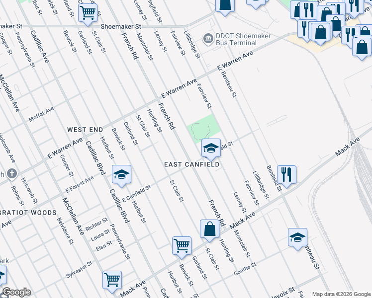 map of restaurants, bars, coffee shops, grocery stores, and more near 4418 French Road in Detroit